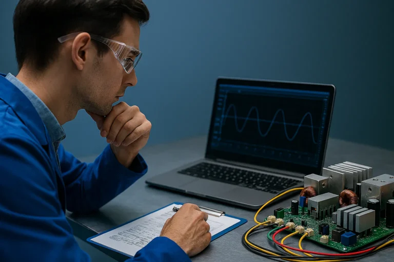 Técnico Em Jaleco Azul Analisa Gráficos Elétricos No Notebook Ao Lado De Uma Placa Inversora Conectada, Em Bancada Metálica Organizada.