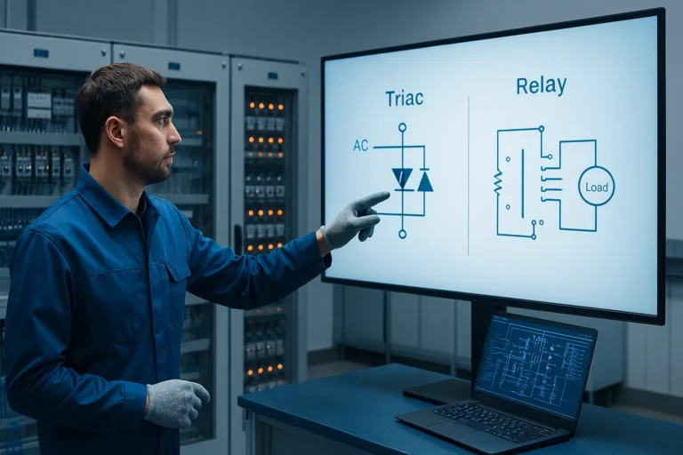 Técnico Em Jaleco Azul Aponta Para Monitor Com Diagramas De Triac E Relé Em Laboratório De Engenharia Elétrica, Com Laptop Exibindo Circuito Complexo.