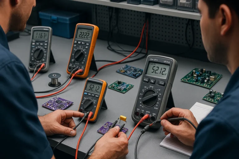 Dois Técnicos Testam Placas Eletrônicas Com Multímetros Digitais Em Bancada De Laboratório, Anotando Leituras E Comparando Valores Em Diferentes Pcbs.