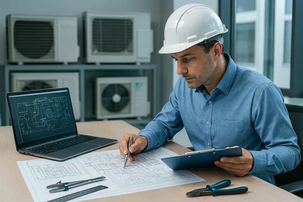Passos Essenciais Para Elaboração De Pmoc Em Sistemas De Climatização 6 Engenheiro Com Capacete Branco Analisa Plantas De Sistemas Hvac Em Mesa Com Laptop E Ferramentas, Ao Lado De Unidades De Ar-Condicionado.