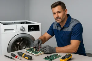 Técnico especializado em manutenção reconectando cabos na placa eletrônica de uma lavadora Electrolux em oficina moderna e bem iluminada