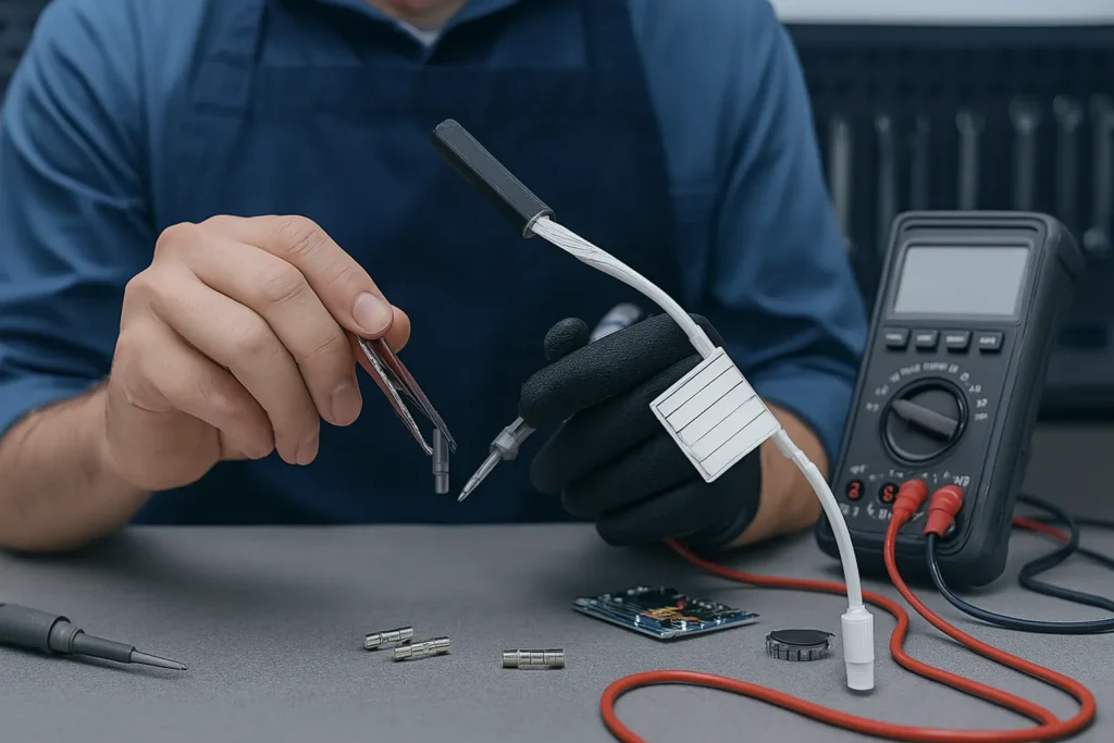 3 Métodos Práticos De Teste De Termofusível Para Técnicos E Usuários 11 Pessoa Soldando Componente Eletrônico Em Bancada Com Multímetro, Placa De Circuito E Termofusível Visível Entre Os Itens.