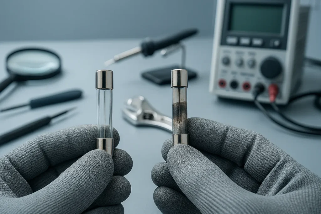 3 Métodos Práticos De Teste De Termofusível Para Técnicos E Usuários 4 Técnico Comparando Dois Termofusíveis, Um Novo E Outro Queimado, Sobre Bancada De Eletrônica.