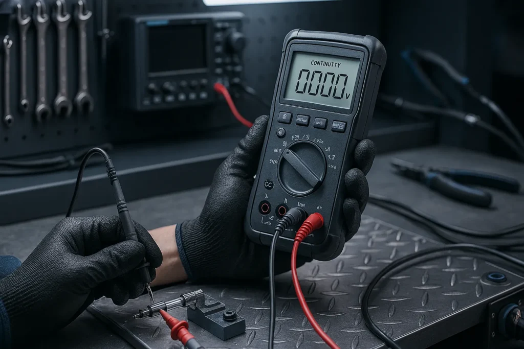 3 Métodos Práticos De Teste De Termofusível Para Técnicos E Usuários 2 Multímetro Digital Medindo A Continuidade De Um Termofusível Em Bancada Técnica.