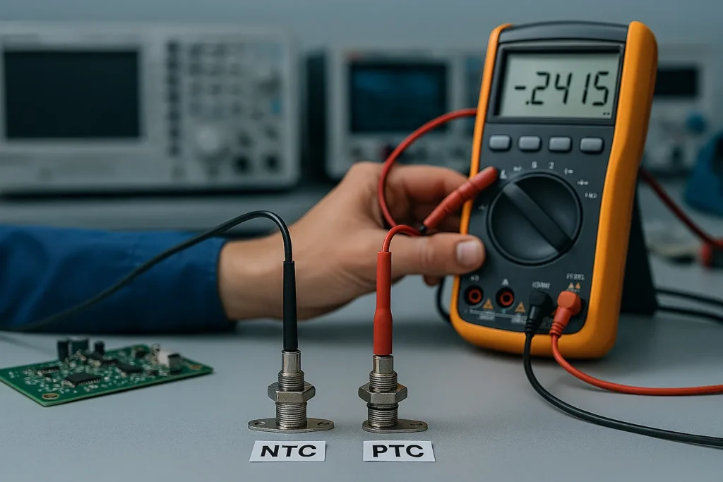 3 Métodos Práticos Para Teste Sensor Ntc E Ptc Em Equipamentos De Refrigeração 1 Técnico Testando Sensor Ntc E Ptc Com Multímetro Digital Em Bancada De Eletrônica.