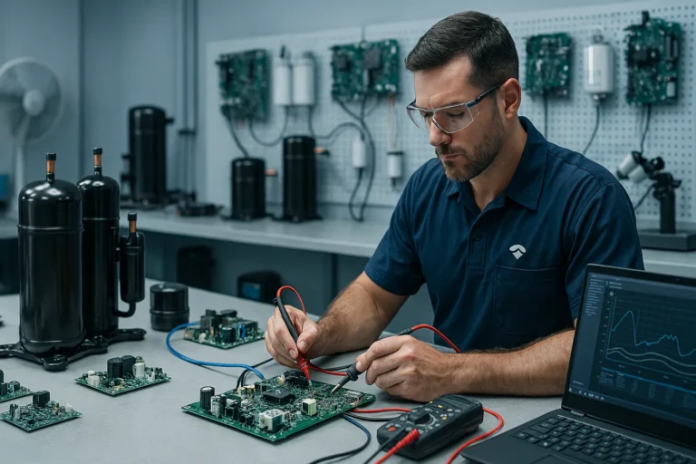 Técnico Em Laboratório De Eletrônica Testa Componentes Em Placa Verde Com Multímetro, Ao Lado De Notebook Com Gráficos E Equipamentos Industriais.