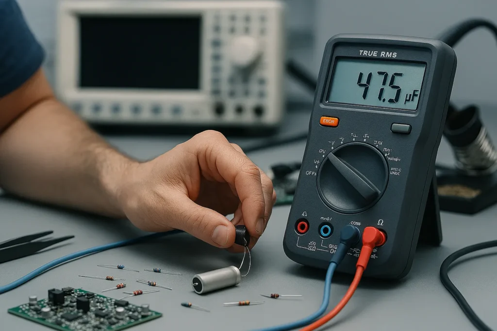 Capacímetro True Rms: O Guia Completo Para Técnicos Em Refrigeração 2 Técnicos Comparando Medições Com Capacímetro True Rms E Outros Instrumentos Em Oficina Técnica.
