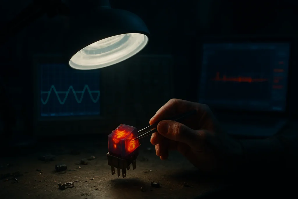 Engenheiro Analisando Relê E Protetor Térmico Com Osciloscópio E Câmera Térmica Em Bancada De Diagnóstico.