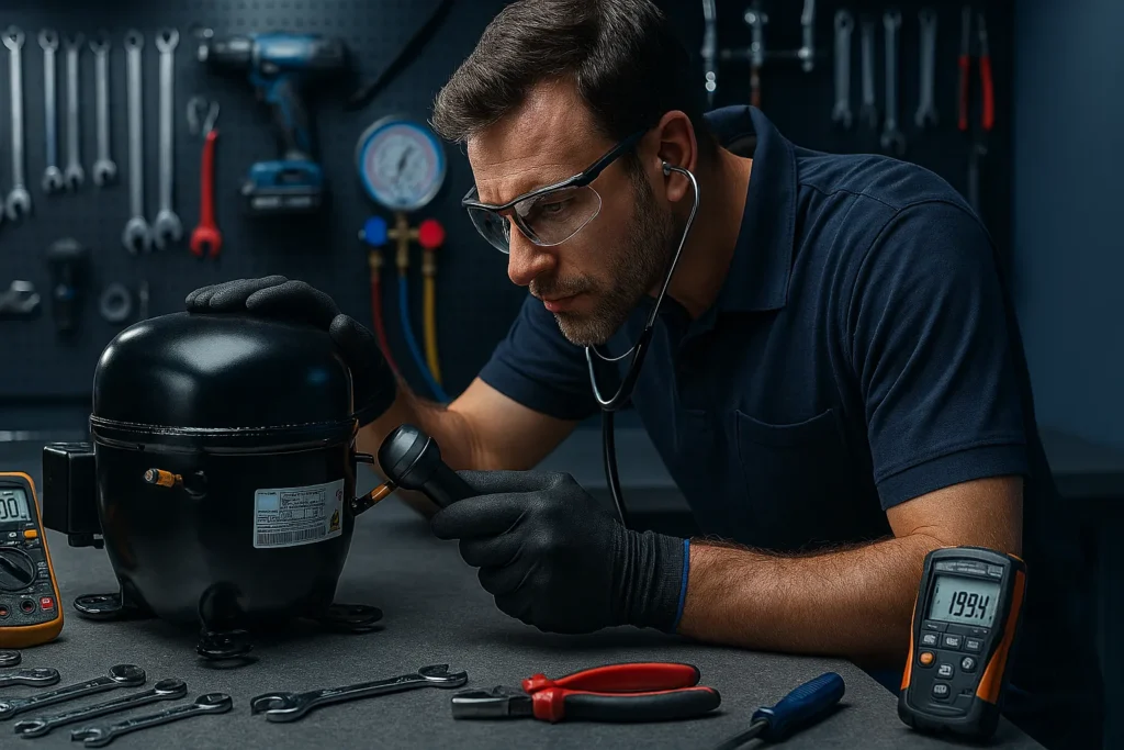 Etapas Essenciais Para Um Diagnóstico Compressor Hermético Preciso 1 Técnico Identificando Sintomas Iniciais Do Compressor Hermético.