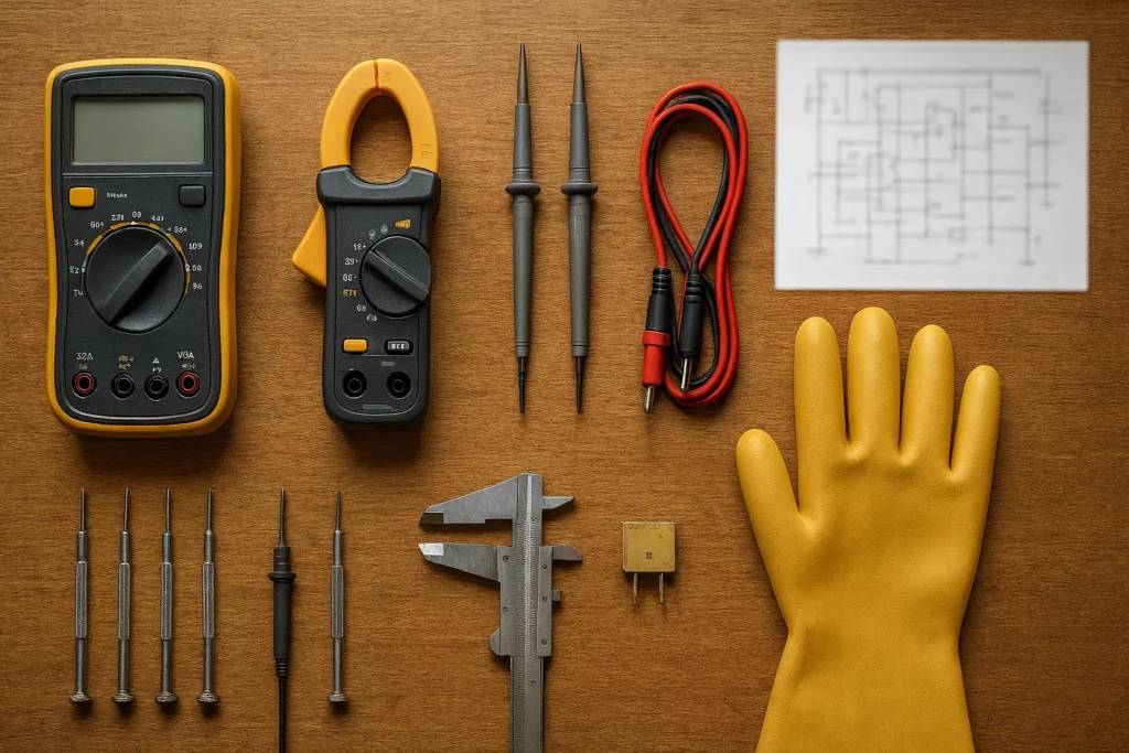 Vista Superior De Ferramentas E Equipamentos Necessários Para Teste De Relê E Protetor Térmico Sobre Bancada Técnica.