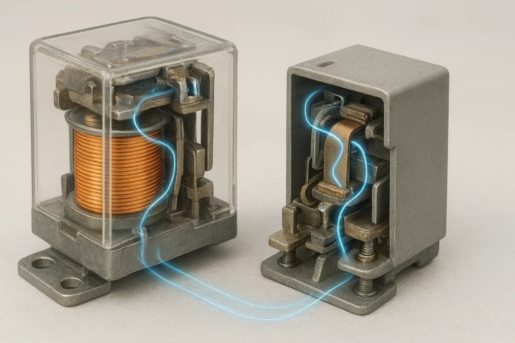 Close-Up Fotorealista Mostrando O Funcionamento Interno De Um Relê E Protetor Térmico Em Bancada De Laboratório.