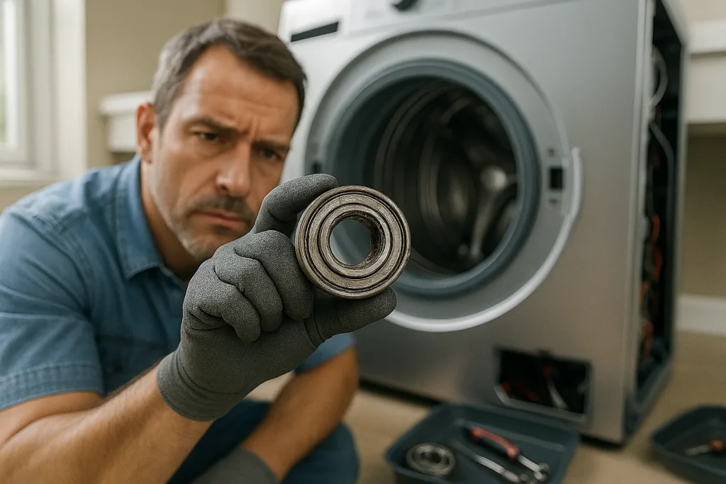 Sinais De Que Você Precisa Fazer A Troca De Rolamentos Lava E Seca 5 Técnico Mostrando Rolamento Danificado De Uma Lava E Seca Durante Inspeção Técnica.