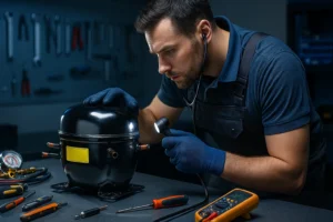 Técnico realizando diagnóstico visual e auditivo em compressor hermético sobre bancada.