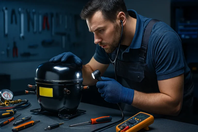 Etapas Essenciais Para Um Diagnóstico Compressor Hermético Preciso 4 Técnico Realizando Diagnóstico Visual E Auditivo Em Compressor Hermético Sobre Bancada.