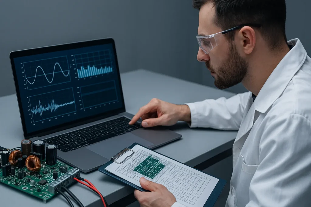 Teste De Placa Inversora: 3 Etapas Para Diagnóstico Preciso 3 Técnico Analisa Resultados De Teste De Placa Inversora No Notebook Em Ambiente Profissional.