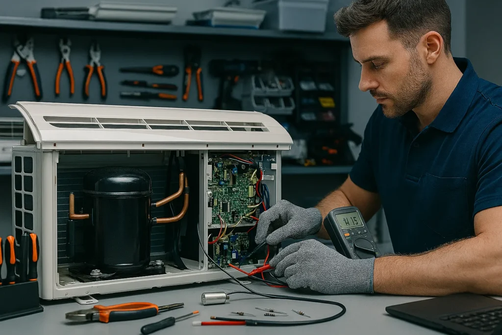 Manutenção Preventiva Inverter: Razões Para Fazer A Cada 3 Meses E Evitar Prejuízos 1 Técnico Realizando Manutenção Preventiva Em Ar-Condicionado Inverter Mostrando Diferenças Técnicas.