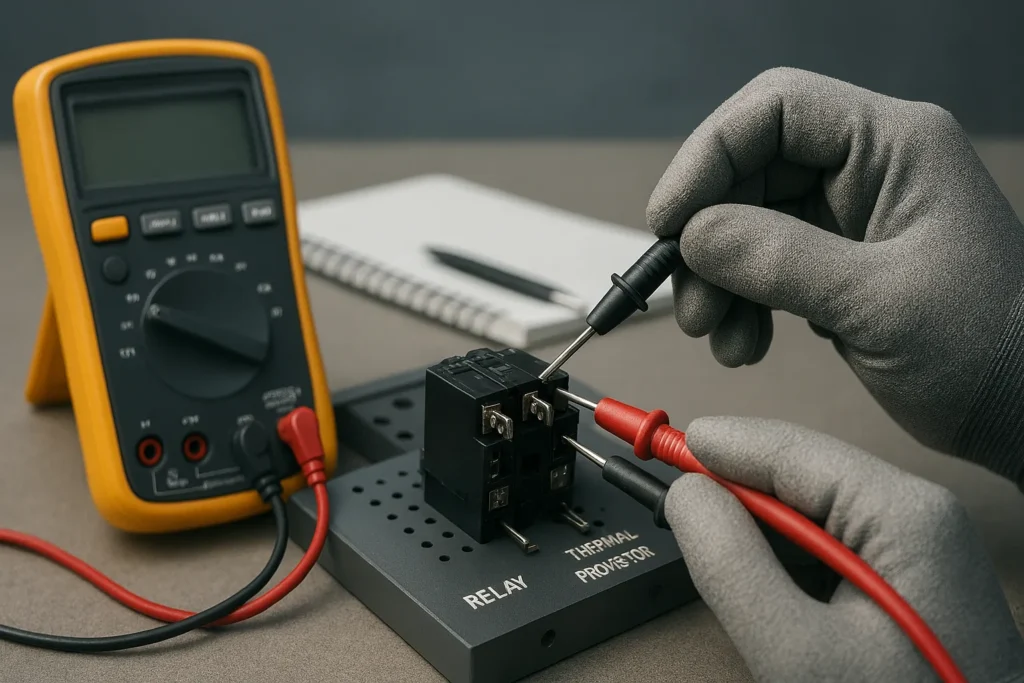 Técnico Realizando Teste Passo A Passo Em Relê E Protetor Térmico Com Multímetro E Luvas De Proteção.