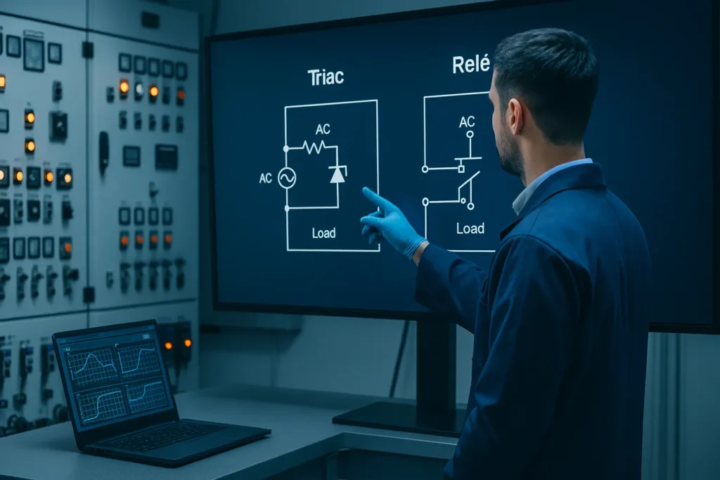 Triac Vs Relé: 7 Diferenças Essenciais Para Escolher O Componente Certo 2 Técnico Analisando Critérios De Escolha Entre Triac E Relé Em Laboratório De Automação.