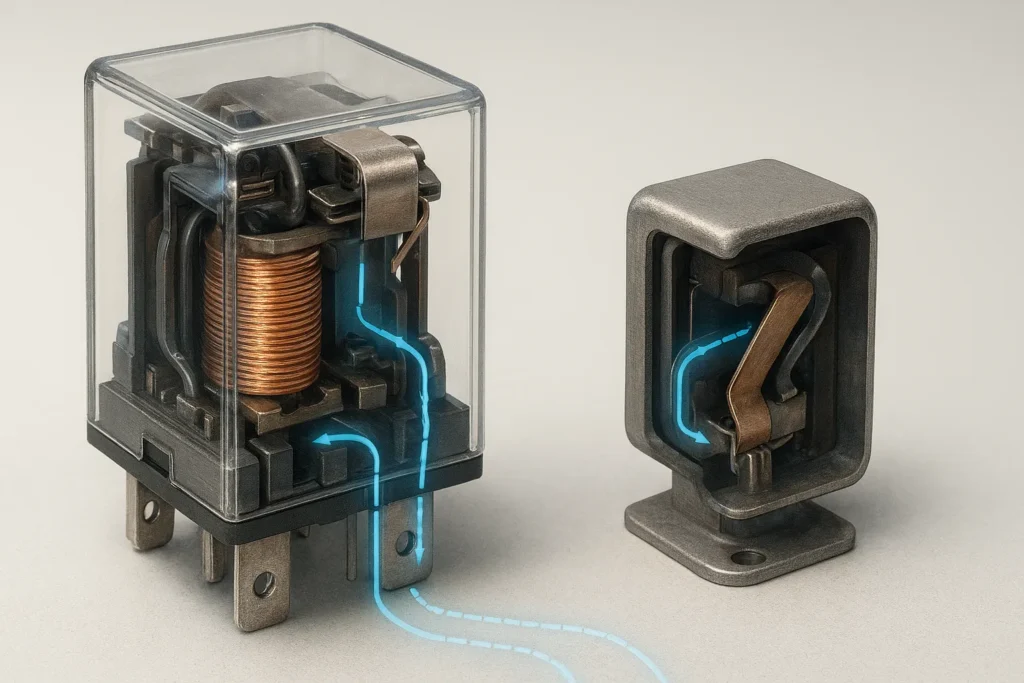 Teste Relê E Protetor Térmico: 7 Métodos Profissionais Que Evitam Queima De Compressor 1 Corte Técnico Fotorealista De Relé Eletromecânico E Protetor Térmico Com Fluxo De Corrente Ilustrado Em Bancada De Laboratório.