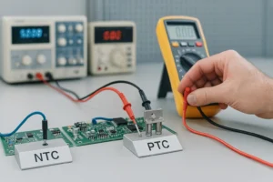 sensores NTC e PTC sendo testados em bancada técnica de eletrônica.