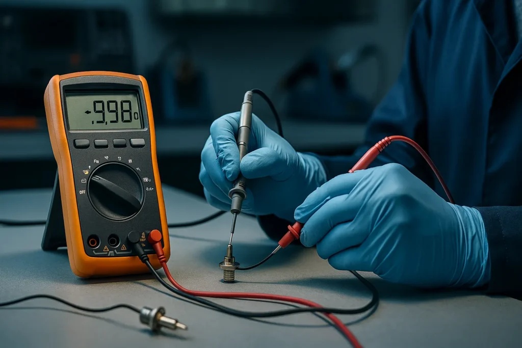 3 Métodos Práticos Para Teste Sensor Ntc E Ptc Em Equipamentos De Refrigeração 2 Técnico Ajustando Multímetro Digital Conectado A Sensores Ntc E Ptc Sobre Bancada De Eletrônica Com Placas De Circuito E Instrumentos De Medição.