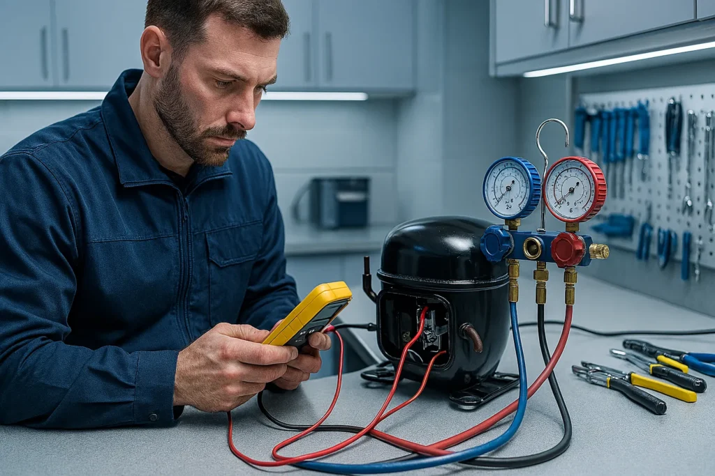 Etapas Essenciais Para Um Diagnóstico Compressor Hermético Preciso 2 Técnico Realizando Testes Elétricos E Mecânicos No Compressor Hermético.